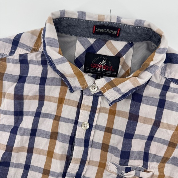 Gramicci Other - Gramicci Button Down Shirt Mens‎ LG Blue Tan Plaid Ombre Short Sleeve Cotton